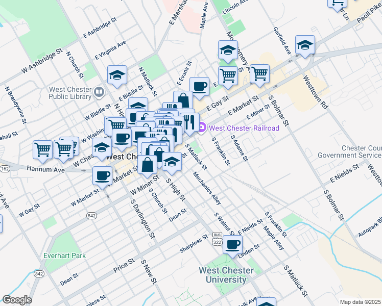 map of restaurants, bars, coffee shops, grocery stores, and more near 132 East Miner Street in West Chester