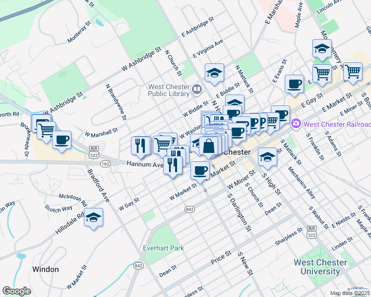 map of restaurants, bars, coffee shops, grocery stores, and more near 218 North New Street in West Chester
