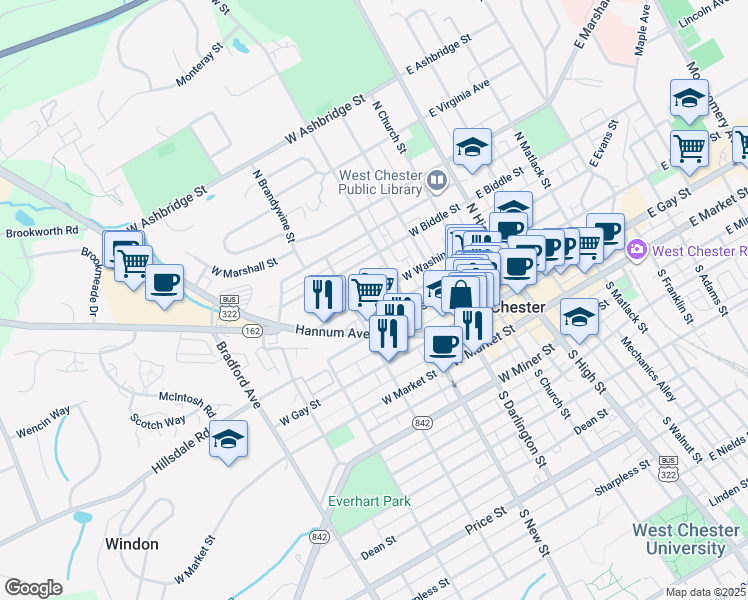 map of restaurants, bars, coffee shops, grocery stores, and more near 326 West Washington Street in West Chester
