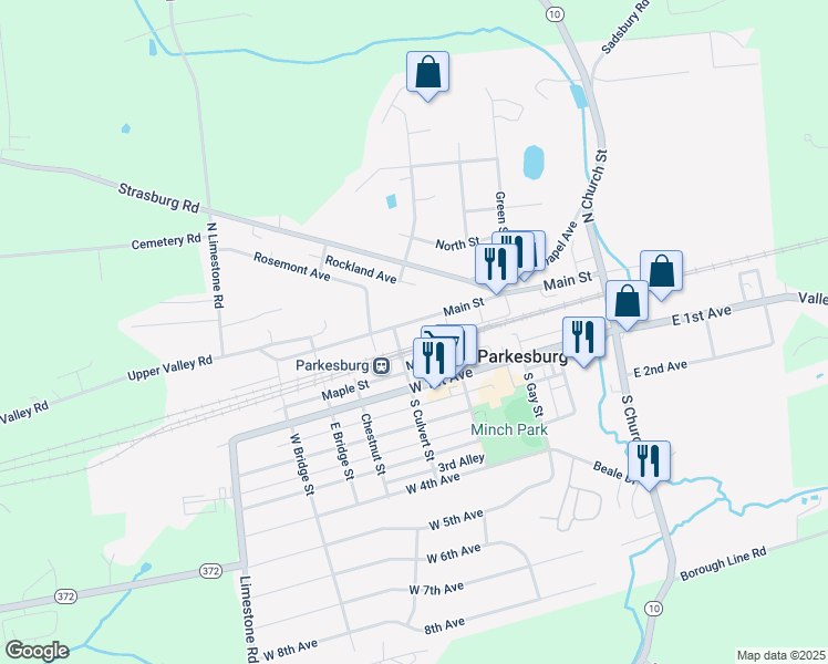 map of restaurants, bars, coffee shops, grocery stores, and more near 424 Main Street in Parkesburg