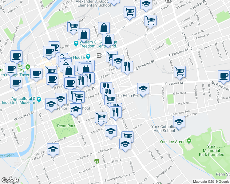 map of restaurants, bars, coffee shops, grocery stores, and more near 243 East College Avenue in York