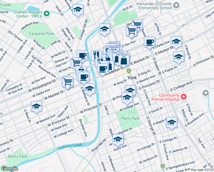 map of restaurants, bars, coffee shops, grocery stores, and more near 54 South Pershing Avenue in York