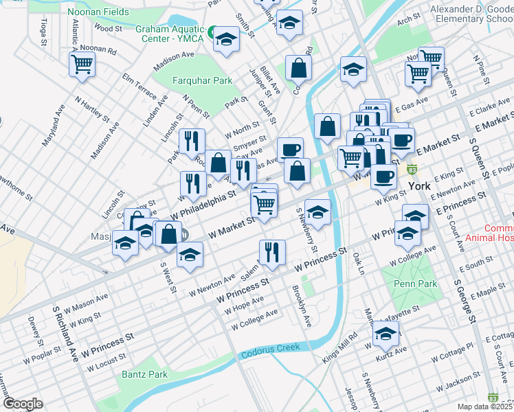 map of restaurants, bars, coffee shops, grocery stores, and more near 377 West Market Street in York