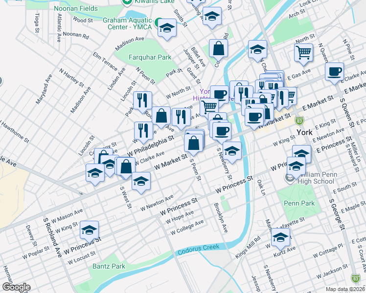 map of restaurants, bars, coffee shops, grocery stores, and more near 377 West Market Street in York