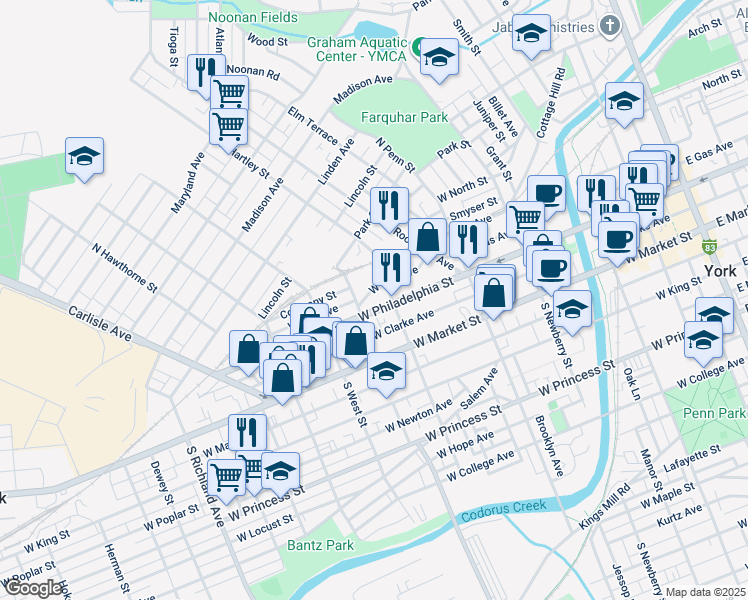 map of restaurants, bars, coffee shops, grocery stores, and more near 513 West Philadelphia Street in York