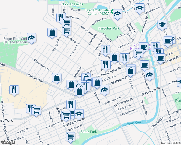 map of restaurants, bars, coffee shops, grocery stores, and more near 600 Company Street in York