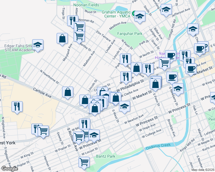map of restaurants, bars, coffee shops, grocery stores, and more near 600 Company Street in York