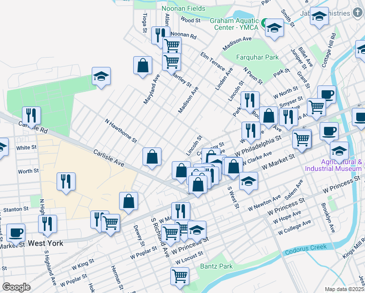 map of restaurants, bars, coffee shops, grocery stores, and more near 662 Linden Avenue in York