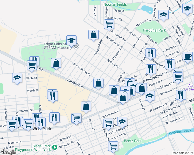 map of restaurants, bars, coffee shops, grocery stores, and more near 422 North Hawthorne Street in York