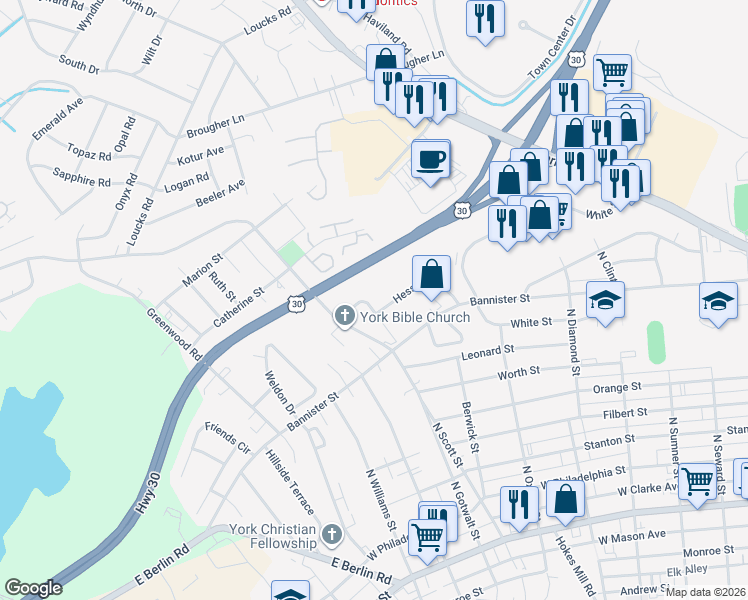 map of restaurants, bars, coffee shops, grocery stores, and more near 2191 Hess Road in York