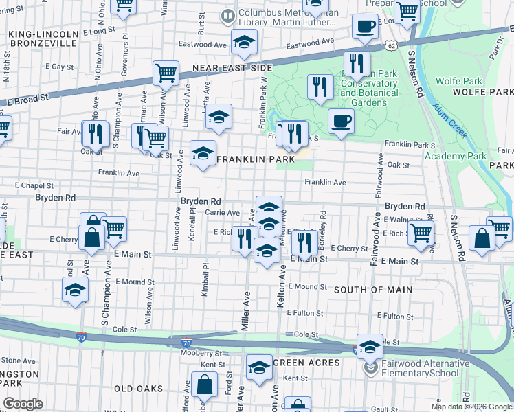 map of restaurants, bars, coffee shops, grocery stores, and more near 1459 Bryden Road in Columbus