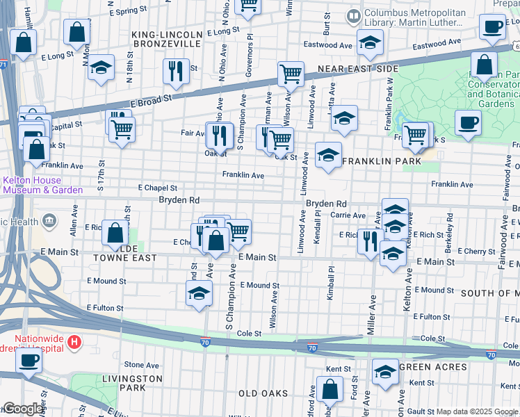 map of restaurants, bars, coffee shops, grocery stores, and more near 1191 Bryden Road in Columbus