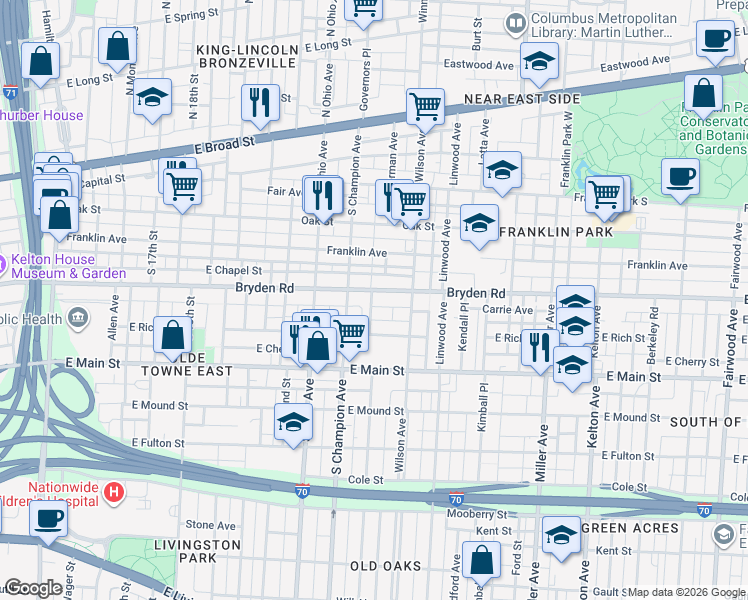 map of restaurants, bars, coffee shops, grocery stores, and more near 1191 Bryden Road in Columbus