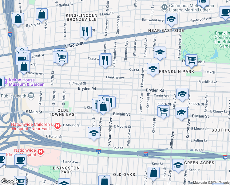 map of restaurants, bars, coffee shops, grocery stores, and more near 277 South Champion Avenue in Columbus