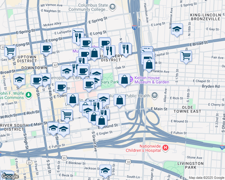 map of restaurants, bars, coffee shops, grocery stores, and more near 463 East Town Street in Columbus