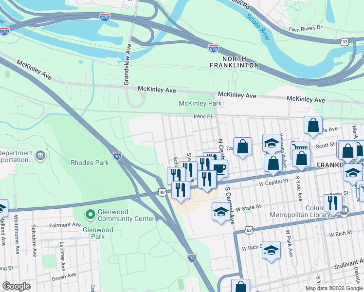 map of restaurants, bars, coffee shops, grocery stores, and more near 126 Stevens Avenue in Columbus