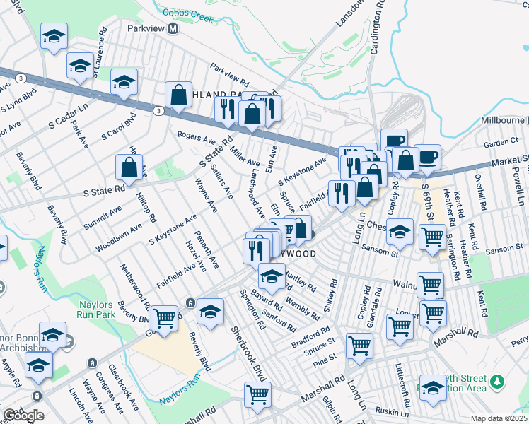 map of restaurants, bars, coffee shops, grocery stores, and more near 519 Larchwood Avenue in Delaware County