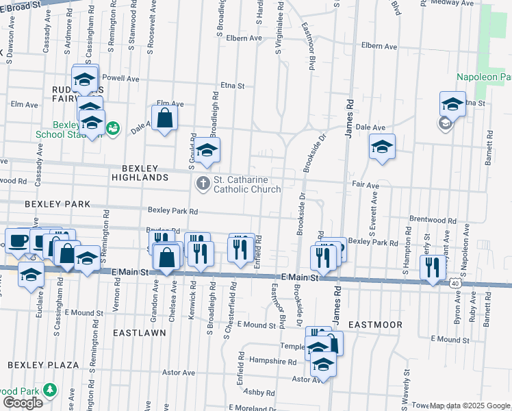 map of restaurants, bars, coffee shops, grocery stores, and more near 525 Enfield Road in Columbus