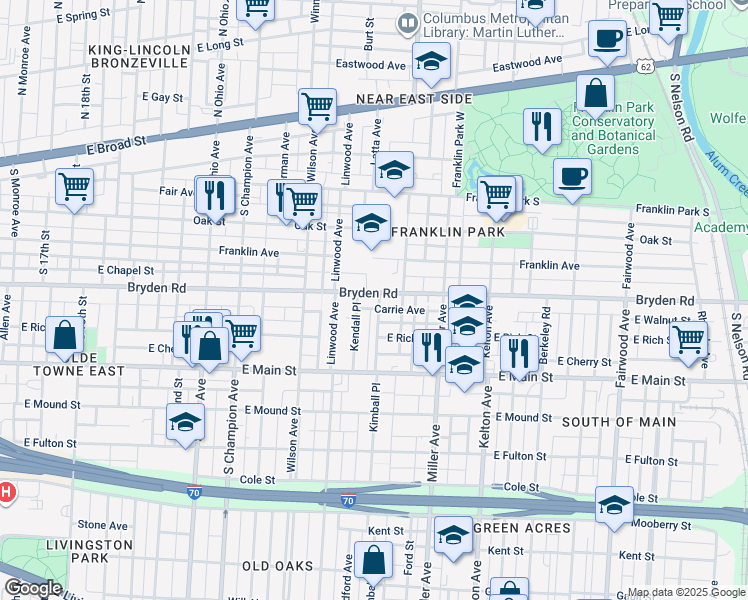 map of restaurants, bars, coffee shops, grocery stores, and more near 1355 Bryden Road in Columbus