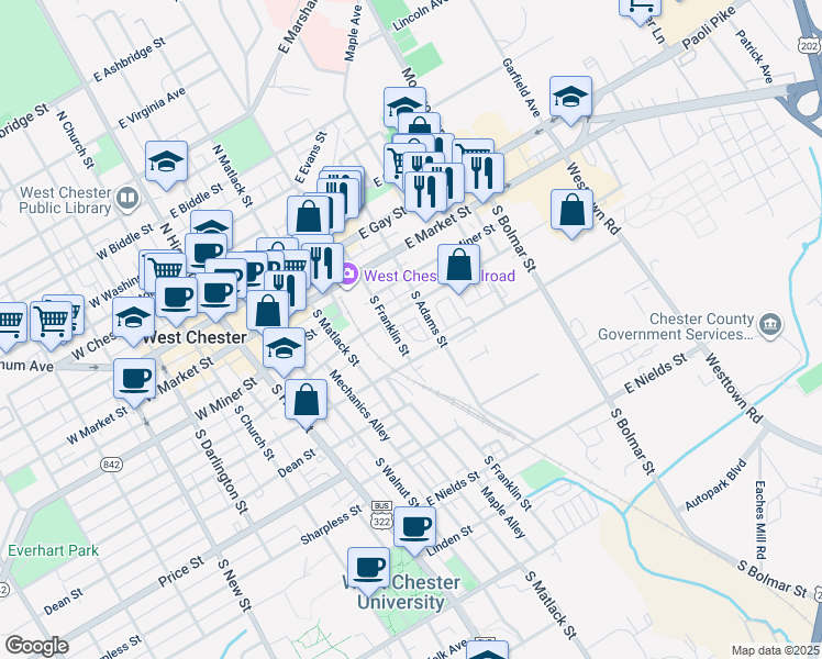 map of restaurants, bars, coffee shops, grocery stores, and more near 306 Michaels Way in West Chester