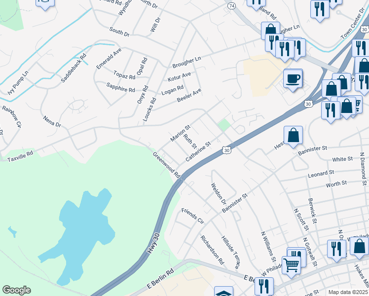 map of restaurants, bars, coffee shops, grocery stores, and more near 1149 Margaret Street in York