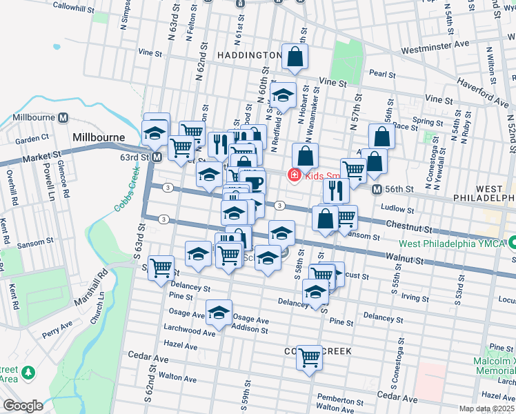 map of restaurants, bars, coffee shops, grocery stores, and more near 5930 Chestnut Street in Philadelphia