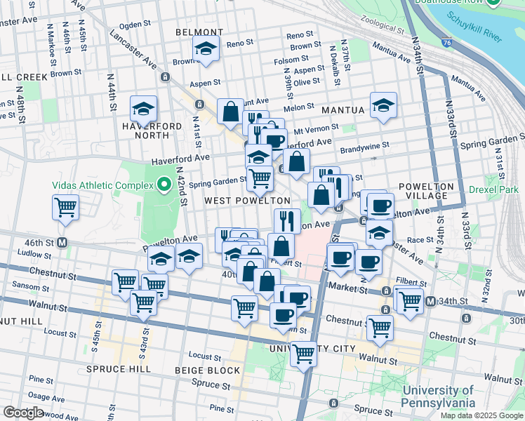 map of restaurants, bars, coffee shops, grocery stores, and more near 331 North 40th Street in Philadelphia