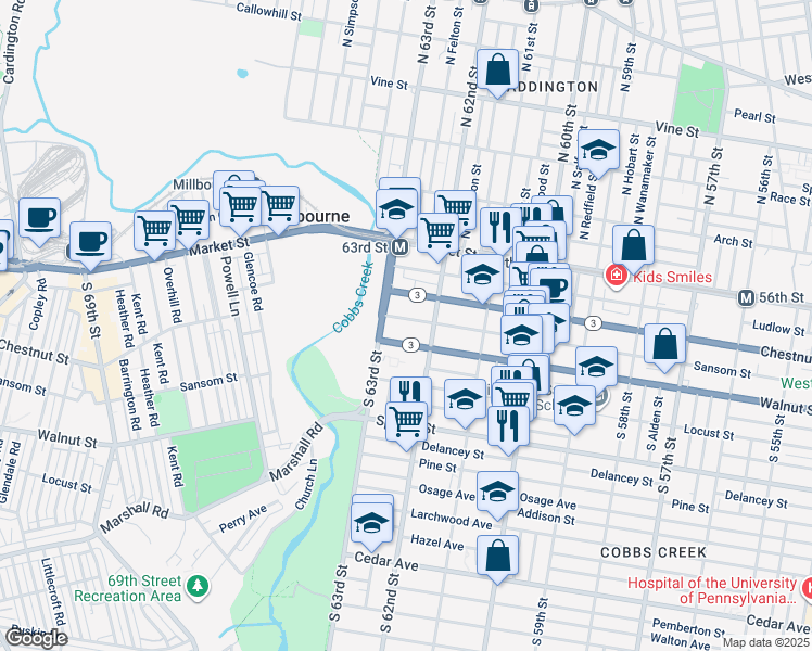 map of restaurants, bars, coffee shops, grocery stores, and more near 6234 Sansom Street in Philadelphia