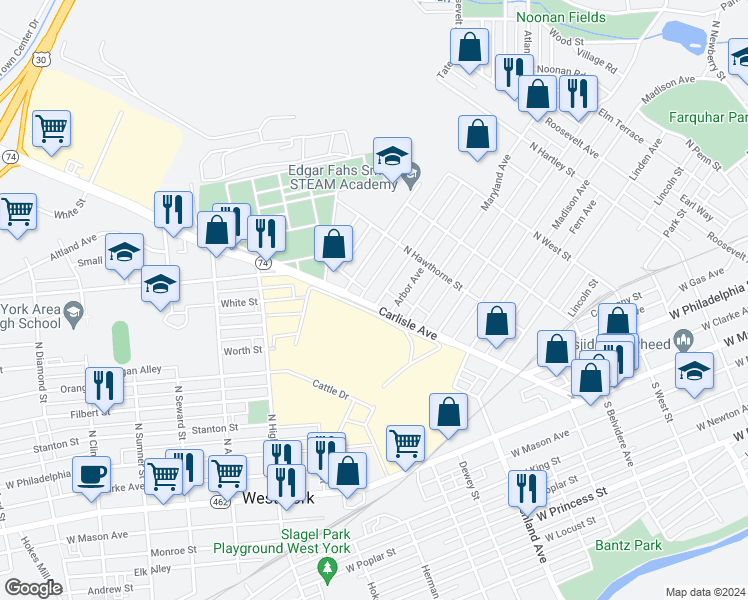 map of restaurants, bars, coffee shops, grocery stores, and more near 601 Carlisle Avenue in York