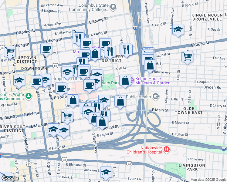 map of restaurants, bars, coffee shops, grocery stores, and more near 463 East Town Street in Columbus