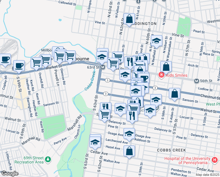 map of restaurants, bars, coffee shops, grocery stores, and more near 128 South 62nd Street in Philadelphia