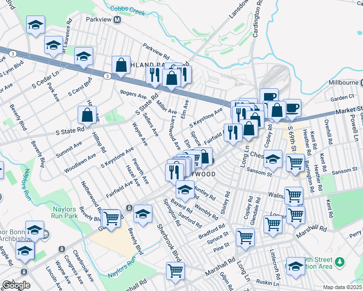 map of restaurants, bars, coffee shops, grocery stores, and more near 519 Larchwood Avenue in Delaware County