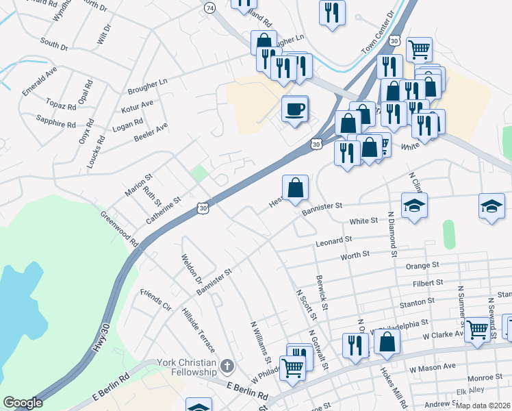 map of restaurants, bars, coffee shops, grocery stores, and more near 2191 Hess Road in York