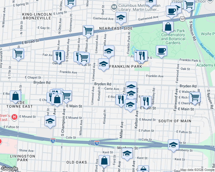 map of restaurants, bars, coffee shops, grocery stores, and more near 1355 Bryden Road in Columbus