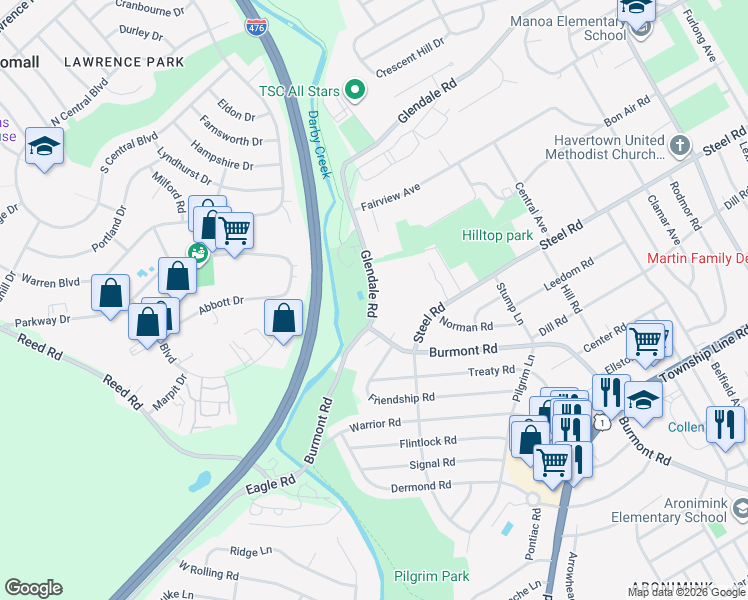 map of restaurants, bars, coffee shops, grocery stores, and more near 525 Glendale Road in Havertown