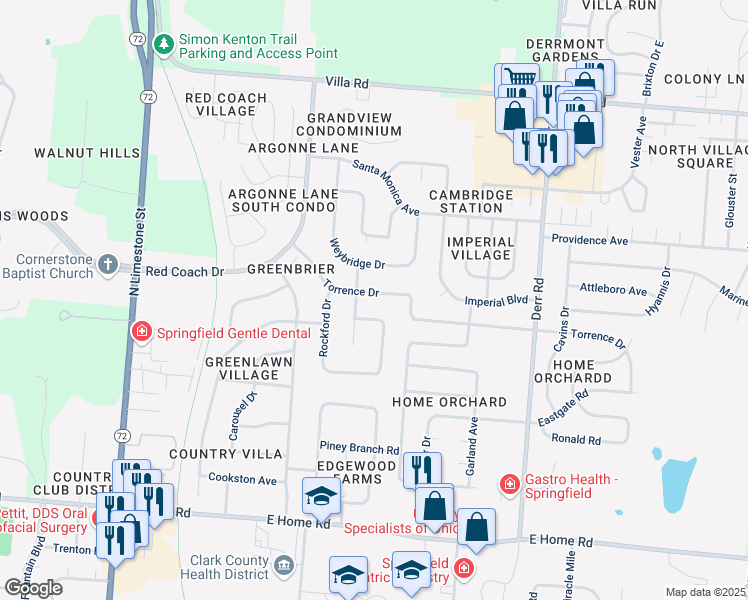 map of restaurants, bars, coffee shops, grocery stores, and more near 813 Torrence Drive in Springfield
