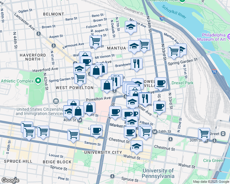 map of restaurants, bars, coffee shops, grocery stores, and more near 3800 Lancaster Avenue in Philadelphia