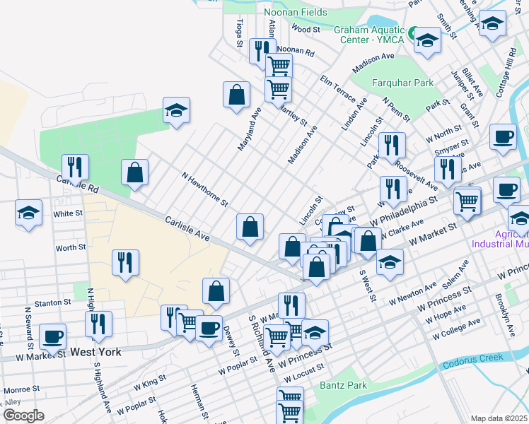 map of restaurants, bars, coffee shops, grocery stores, and more near 716 Madison Avenue in York