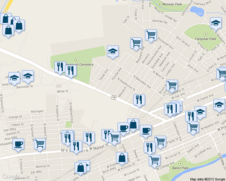 map of restaurants, bars, coffee shops, grocery stores, and more near 839 Maryland Ave in York
