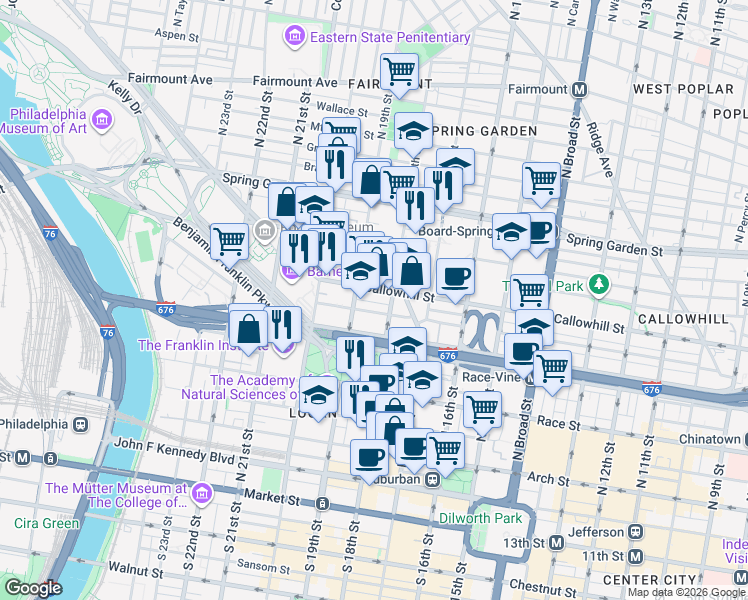map of restaurants, bars, coffee shops, grocery stores, and more near 319 North 19th Street in Philadelphia