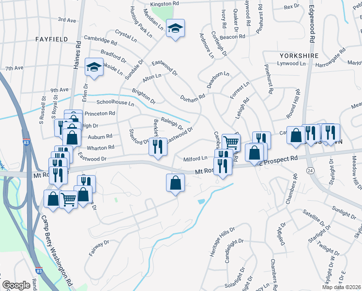 map of restaurants, bars, coffee shops, grocery stores, and more near 2645 Hartford Road in East York