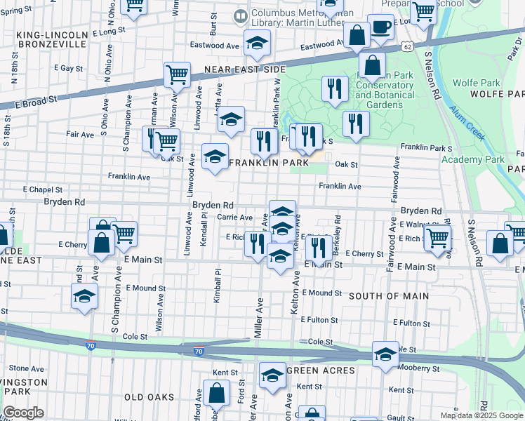 map of restaurants, bars, coffee shops, grocery stores, and more near 1459 Bryden Road in Columbus