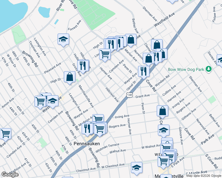 map of restaurants, bars, coffee shops, grocery stores, and more near 2276 Hillcrest Avenue in Pennsauken Township