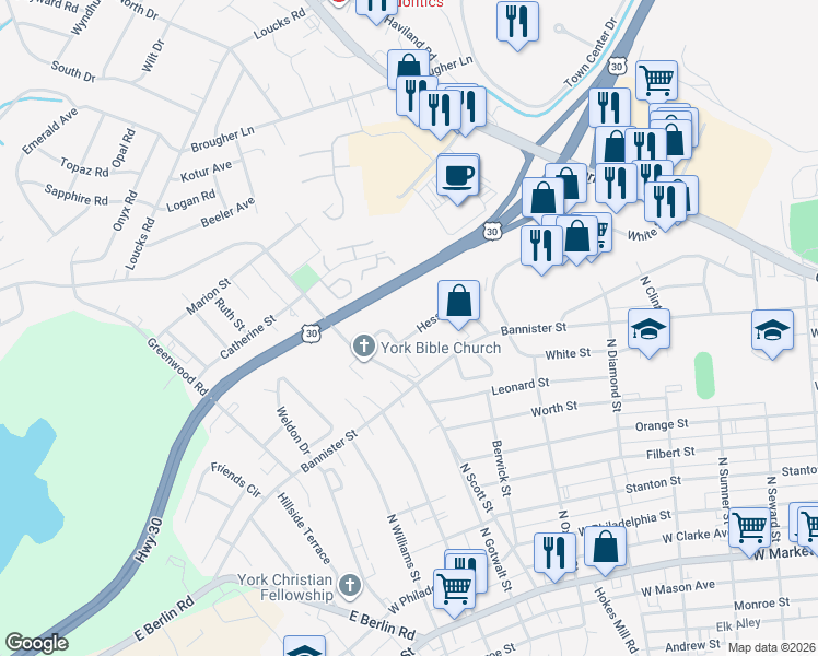 map of restaurants, bars, coffee shops, grocery stores, and more near 2191 Hess Road in York