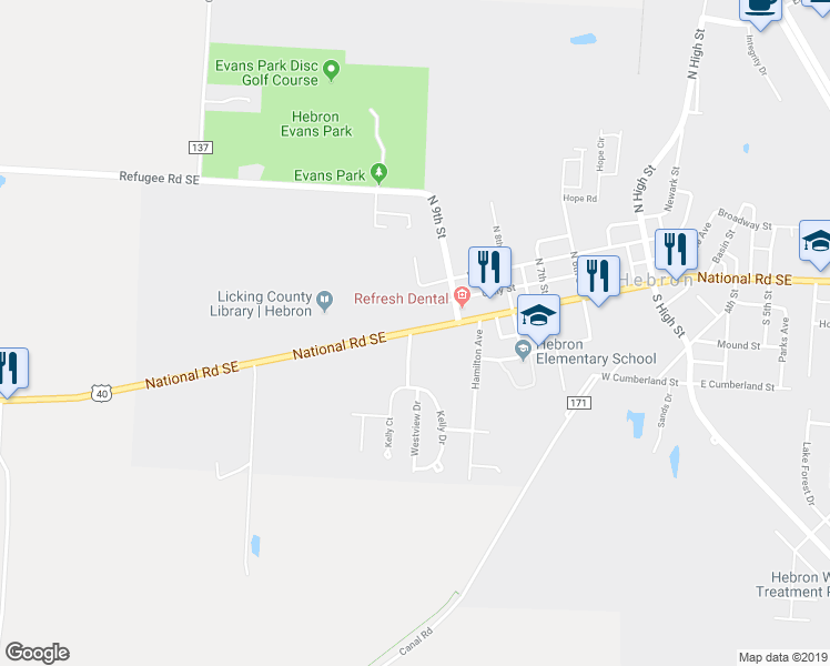 map of restaurants, bars, coffee shops, grocery stores, and more near 109 Lakewood Drive in Hebron
