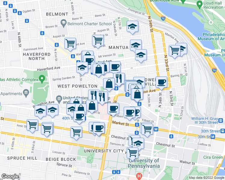 map of restaurants, bars, coffee shops, grocery stores, and more near 3815 Pearl Street in Philadelphia