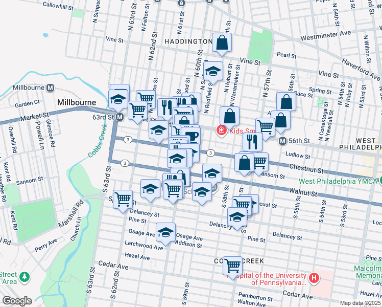 map of restaurants, bars, coffee shops, grocery stores, and more near 5936 Chestnut Street in Philadelphia