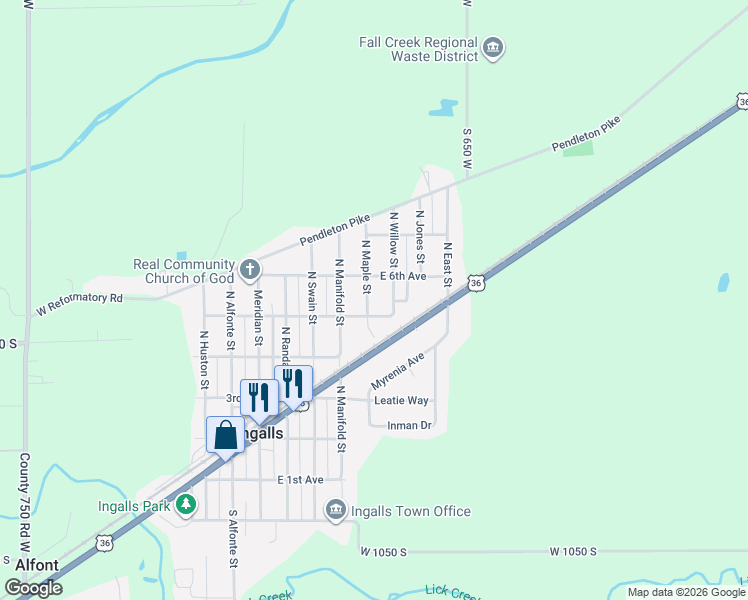 map of restaurants, bars, coffee shops, grocery stores, and more near 517 North Maple Street in Ingalls