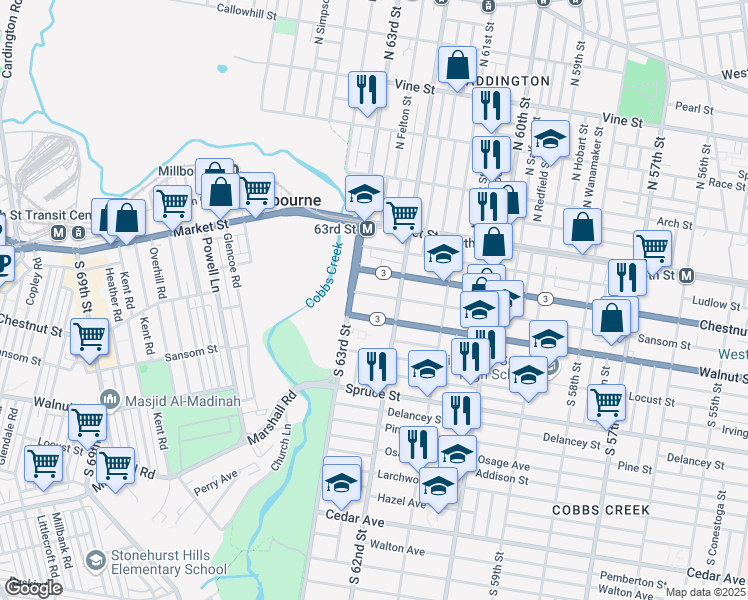 map of restaurants, bars, coffee shops, grocery stores, and more near 6234 Sansom Street in Philadelphia