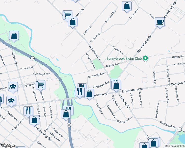 map of restaurants, bars, coffee shops, grocery stores, and more near 51 Browning Avenue in Moorestown